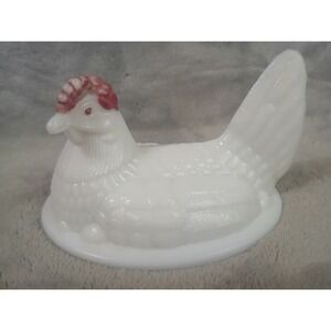 Vintage Milk Glass Hen on Nest Replacement Lid White Red Comb 4.5 Inch FLAW READ